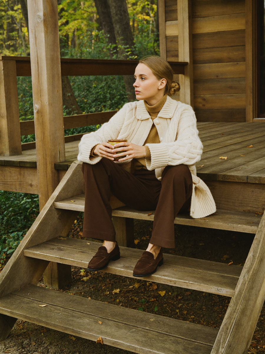 Cream cable-knit cardigan on a cabin porch